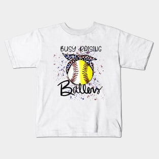 Busy Raising Ballers, baseball, softball mom, red white blue cheetah bow design Kids T-Shirt